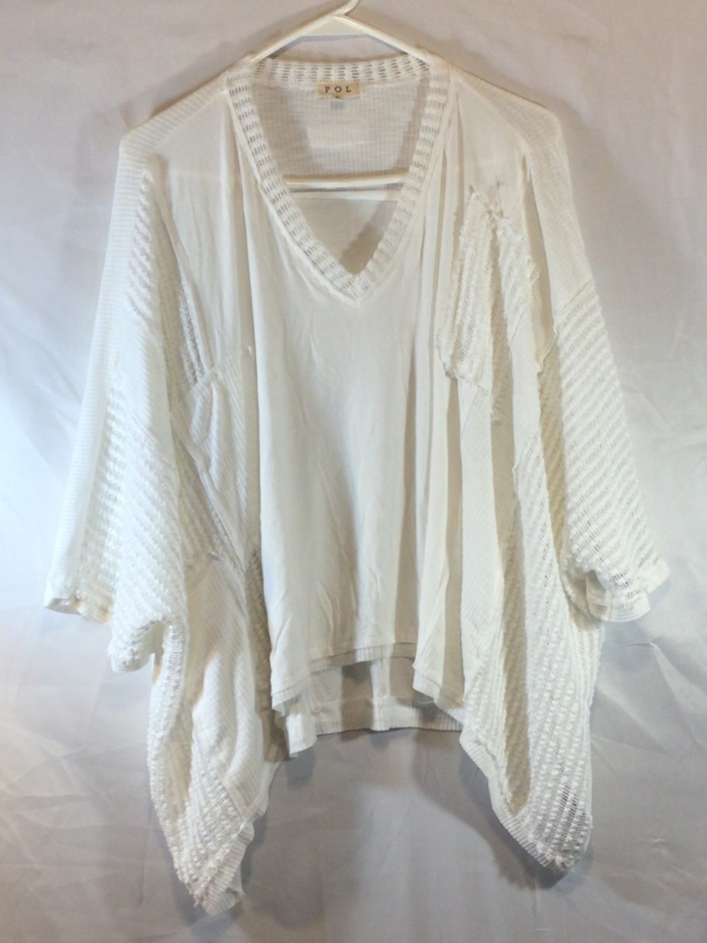 POL Oversized Knit Top S White Gauzy V Neck Dolman Sleeve Lagenlook Boho Artsy